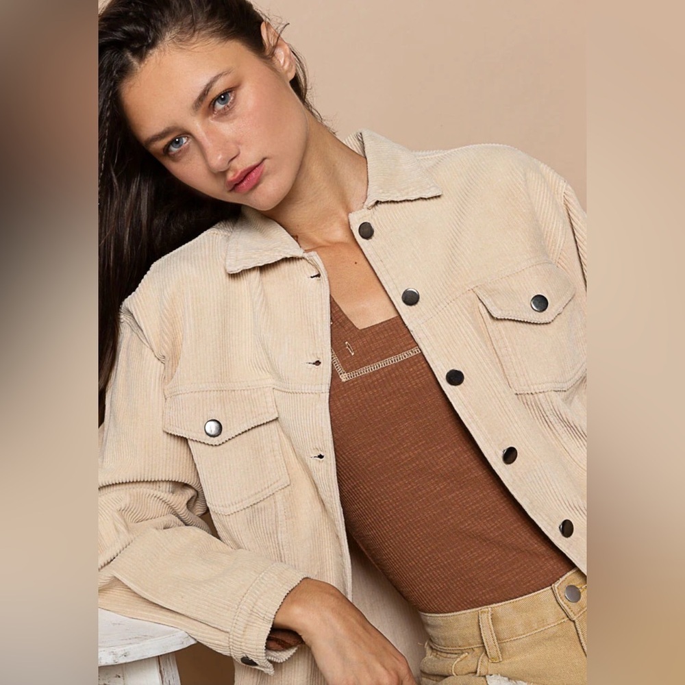 POL Corduroy Light Tan Oversized Boyfriend Jacket with Distressed Hem - Picture 3 of 9